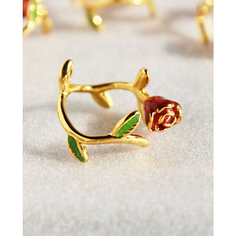 Adjustable Rose with green leaves ring